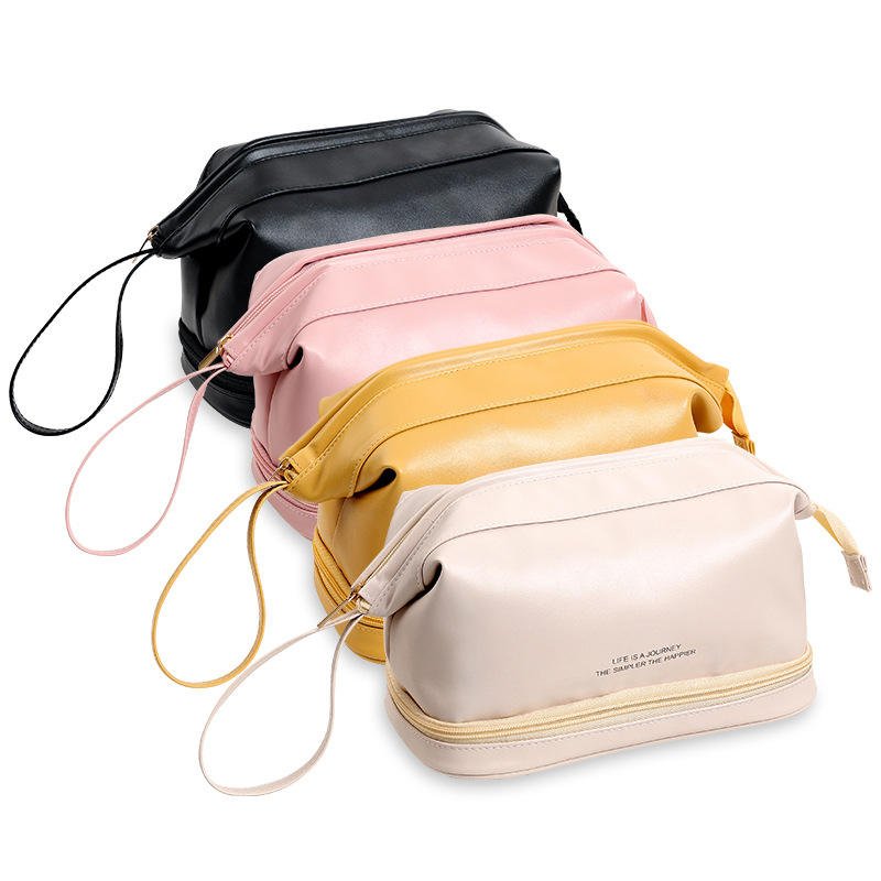 Women cute designer leather custom logo white portable zipper travel Roomy Double Layer Toiletry case Large Makeup Bag