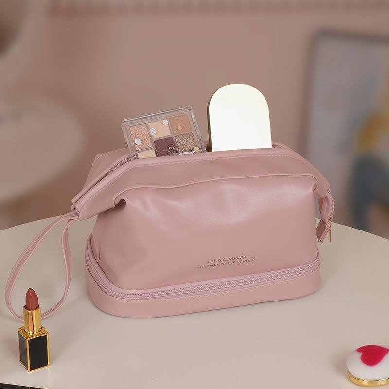 Women cute designer leather custom logo white portable zipper travel Roomy Double Layer Toiletry case Large Makeup Bag