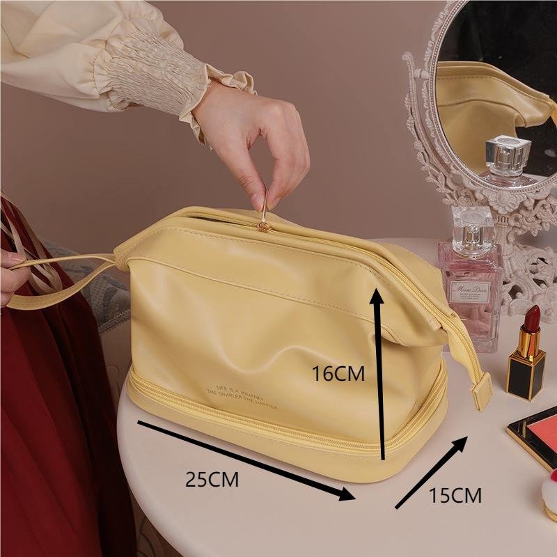 Women cute designer leather custom logo white portable zipper travel Roomy Double Layer Toiletry case Large Makeup Bag