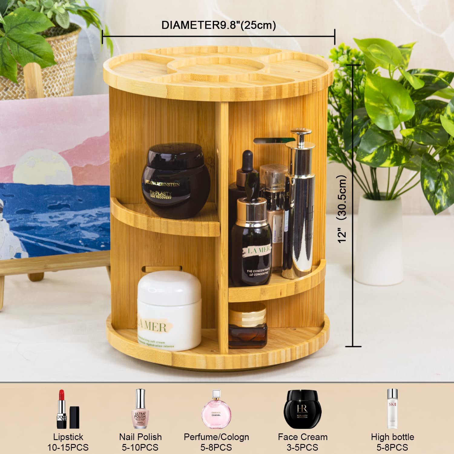 360 Rotating Bamboo Makeup Organizer Spinning Adjustable Bamboo Vanity Makeup Holder Rack, Large Capacity Cosmetics Storage
