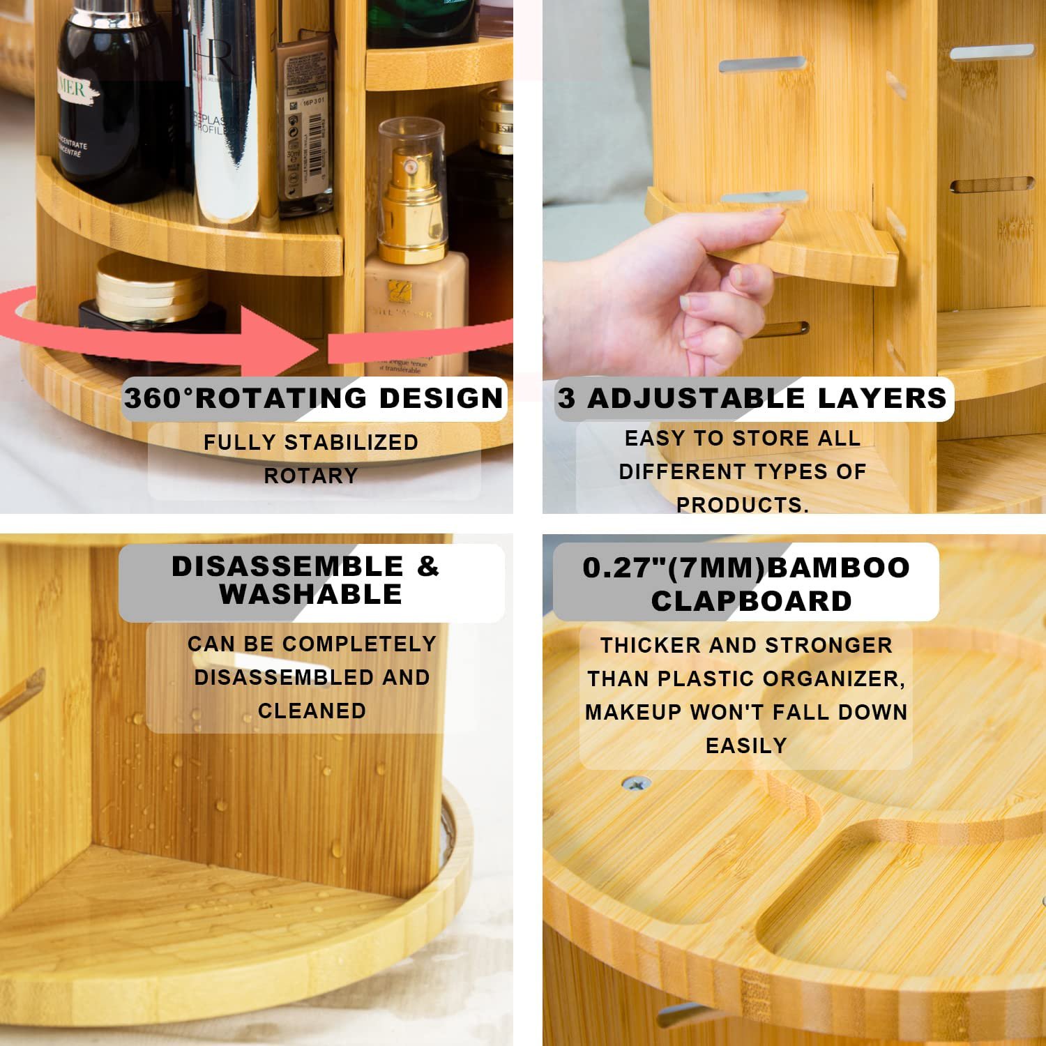 360 Rotating Bamboo Makeup Organizer Spinning Adjustable Bamboo Vanity Makeup Holder Rack, Large Capacity Cosmetics Storage