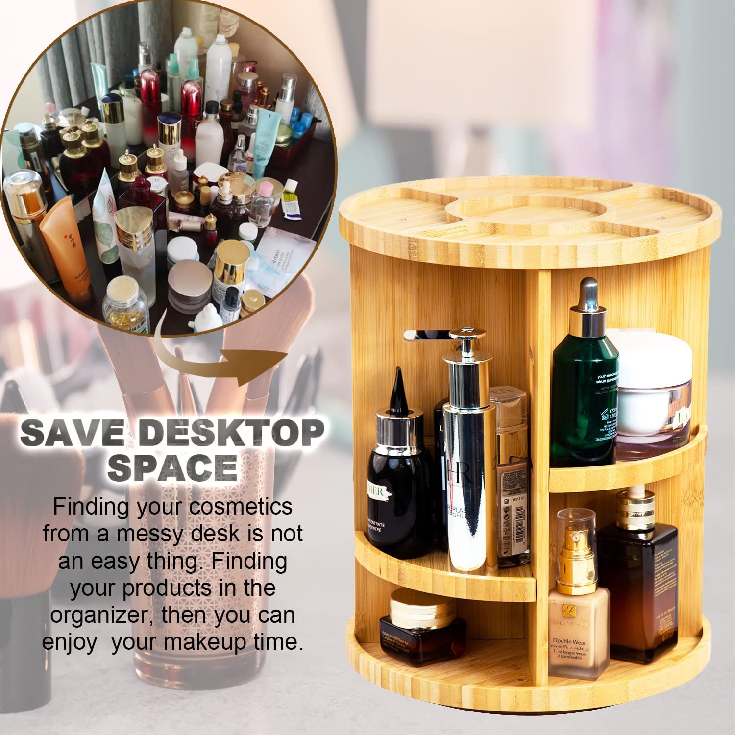 360 Rotating Bamboo Makeup Organizer Spinning Adjustable Bamboo Vanity Makeup Holder Rack, Large Capacity Cosmetics Storage
