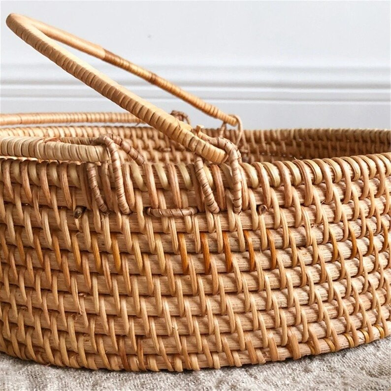 Kitchen Storage Basket Lightweight Handcrafted Durability Rattan Desktop Storage Basket With Handle (Set of 2) AGENAS