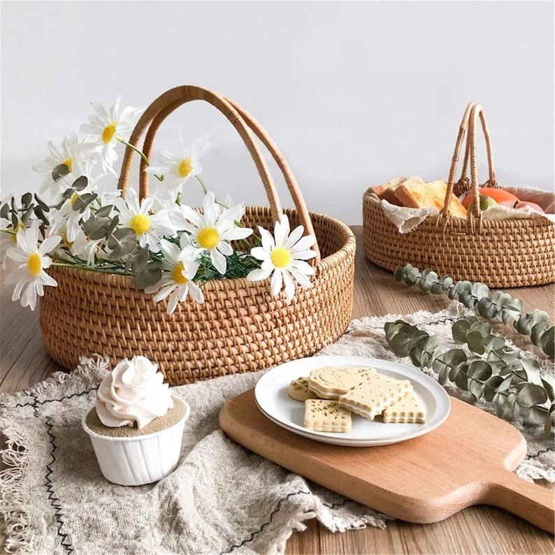 Kitchen Storage Basket Lightweight Handcrafted Durability Rattan Desktop Storage Basket With Handle (Set of 2) AGENAS