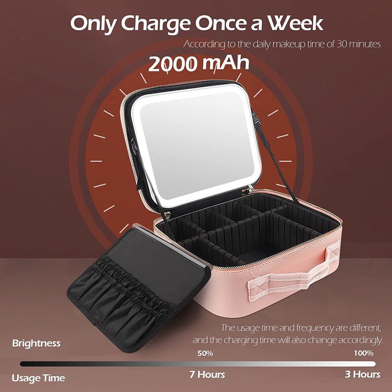 Portable Women Travel Waterproof Adjustable Light Cosmetic Organize Make Up Train Case Makeup Bag With Led Mirror