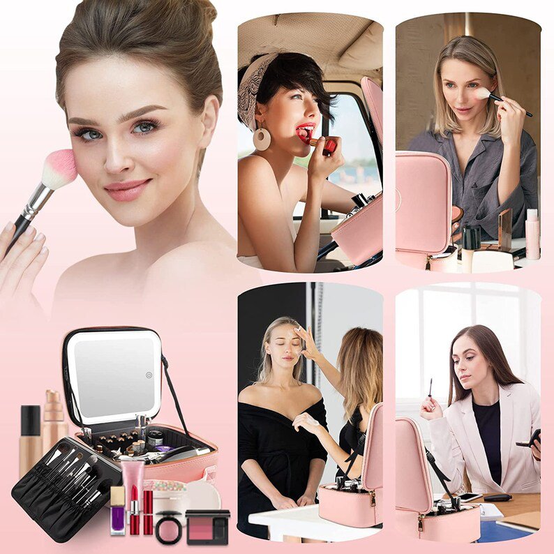 Portable Women Travel Waterproof Adjustable Light Cosmetic Organize Make Up Train Case Makeup Bag With Led Mirror