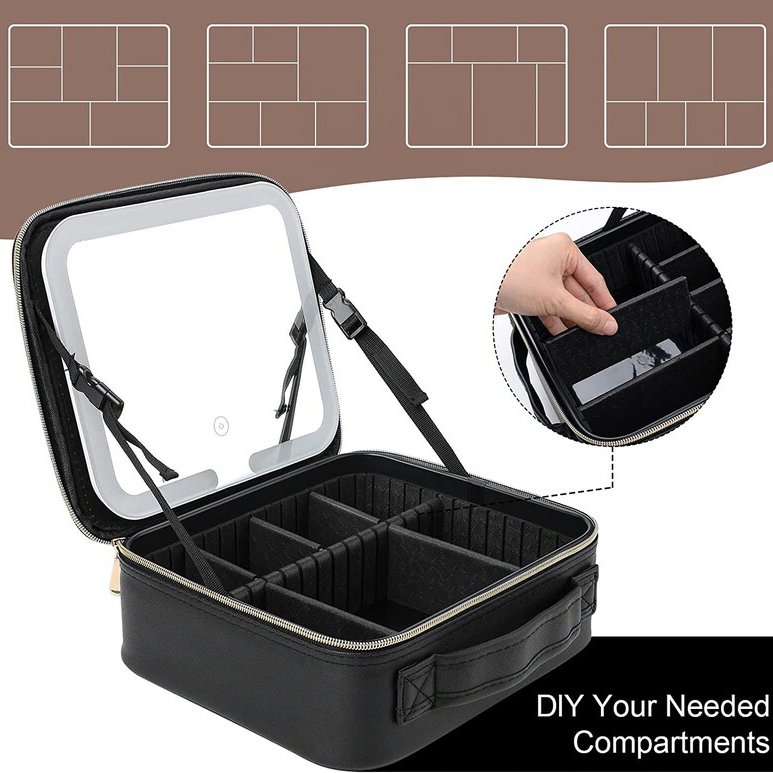 Portable Women Travel Waterproof Adjustable Light Cosmetic Organize Make Up Train Case Makeup Bag With Led Mirror