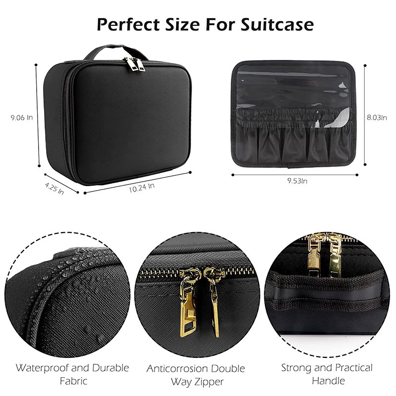 Portable Women Travel Waterproof Adjustable Light Cosmetic Organize Make Up Train Case Makeup Bag With Led Mirror