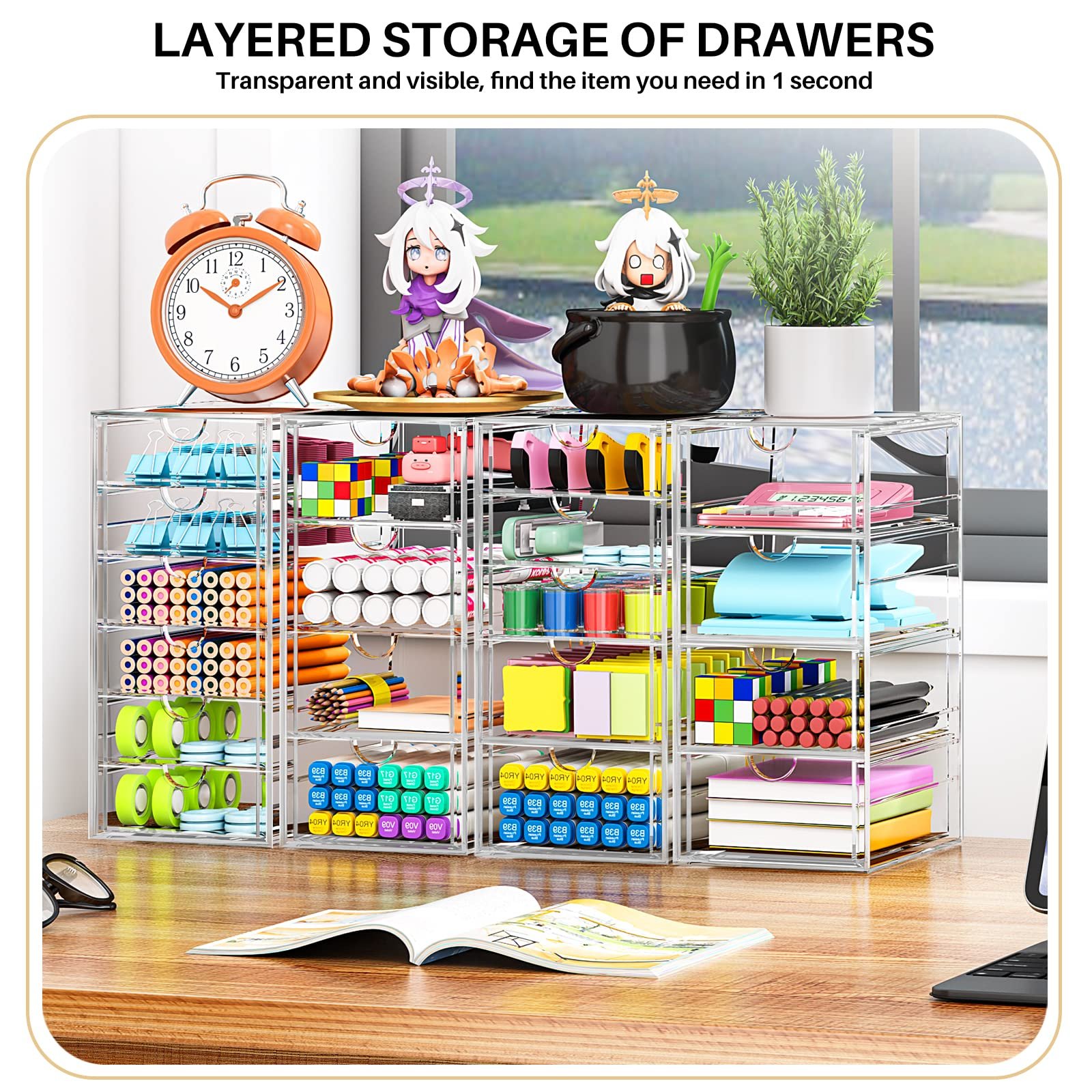 Custom Acrylic Storage Display Box Desk Organizers for Jewelry Accessories Cosmetics Stackable, with 19 Drawers 4 Pack Modern