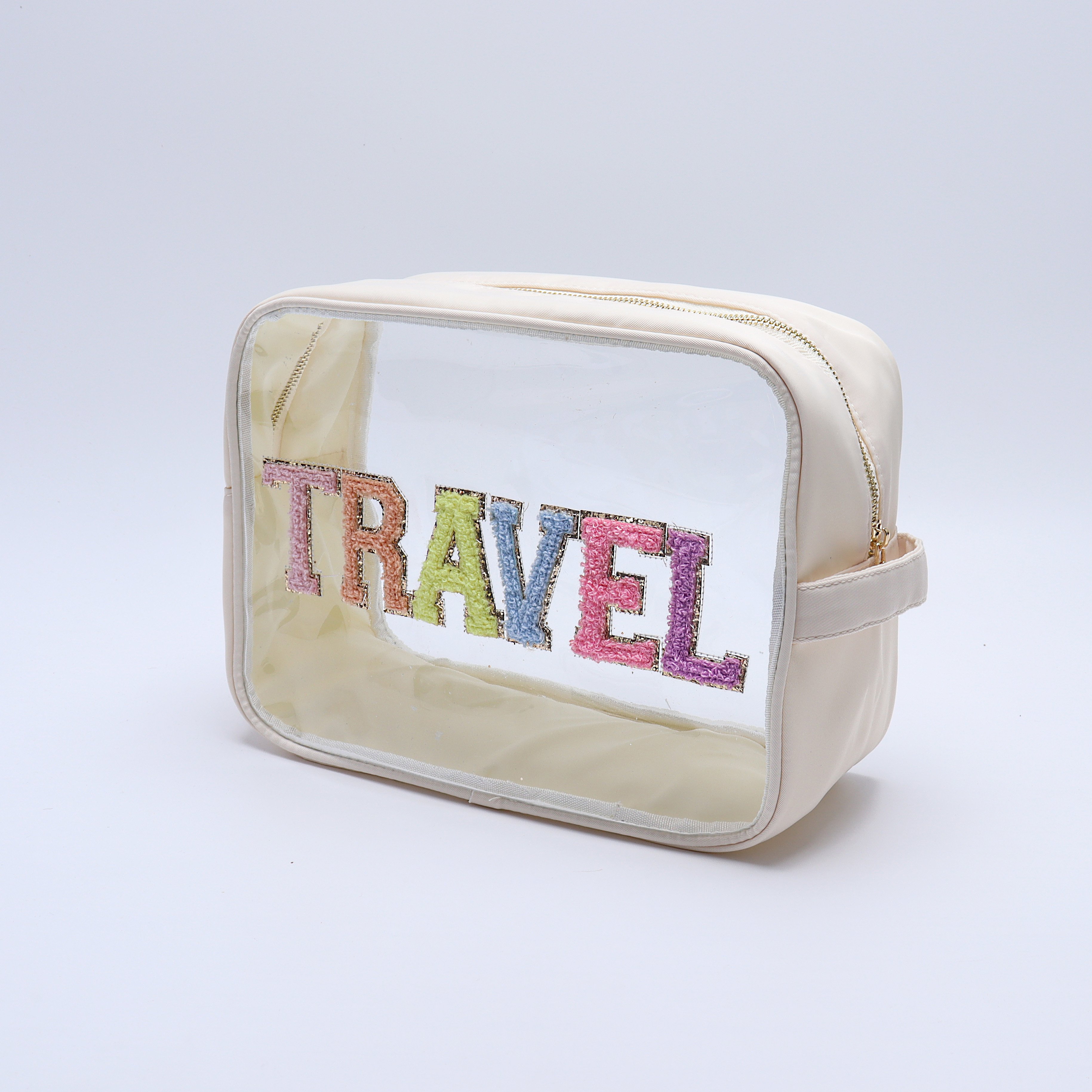 Multi Colors Sizes Customize Logo Letter Patches Zipper Storage Travel Accessories Organizers Clear PVC Cosmetic Makeup Pouch