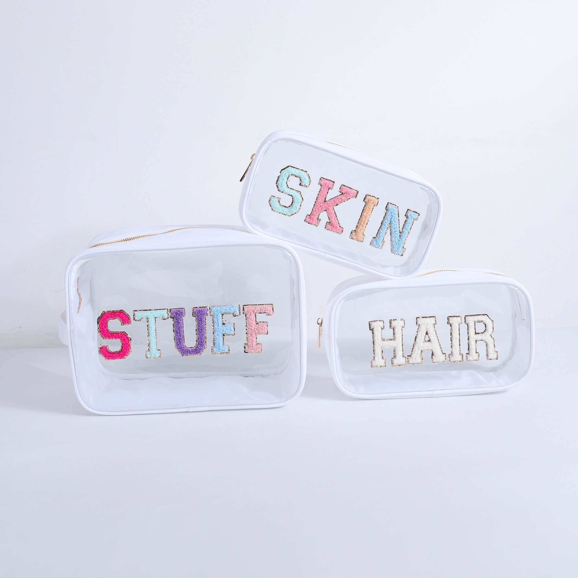 Multi Colors Sizes Customize Logo Letter Patches Zipper Storage Travel Accessories Organizers Clear PVC Cosmetic Makeup Pouch