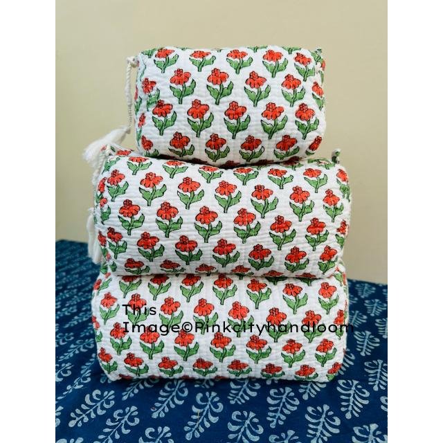 Travel Pouches Quilted Cosmetic Organizer Handmade Block Printed Toiletry pouch Makeup Accessory Set Of 3 Pcs Toiletry Bag