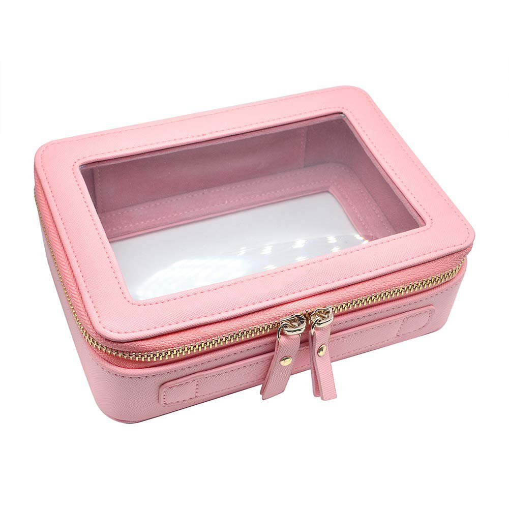 Leather Pink Beauty Toolbox Lady Portable Cosmetic Case Makeup Organizers Fashion Cosmetic Bag with Customizable Travel Zipper