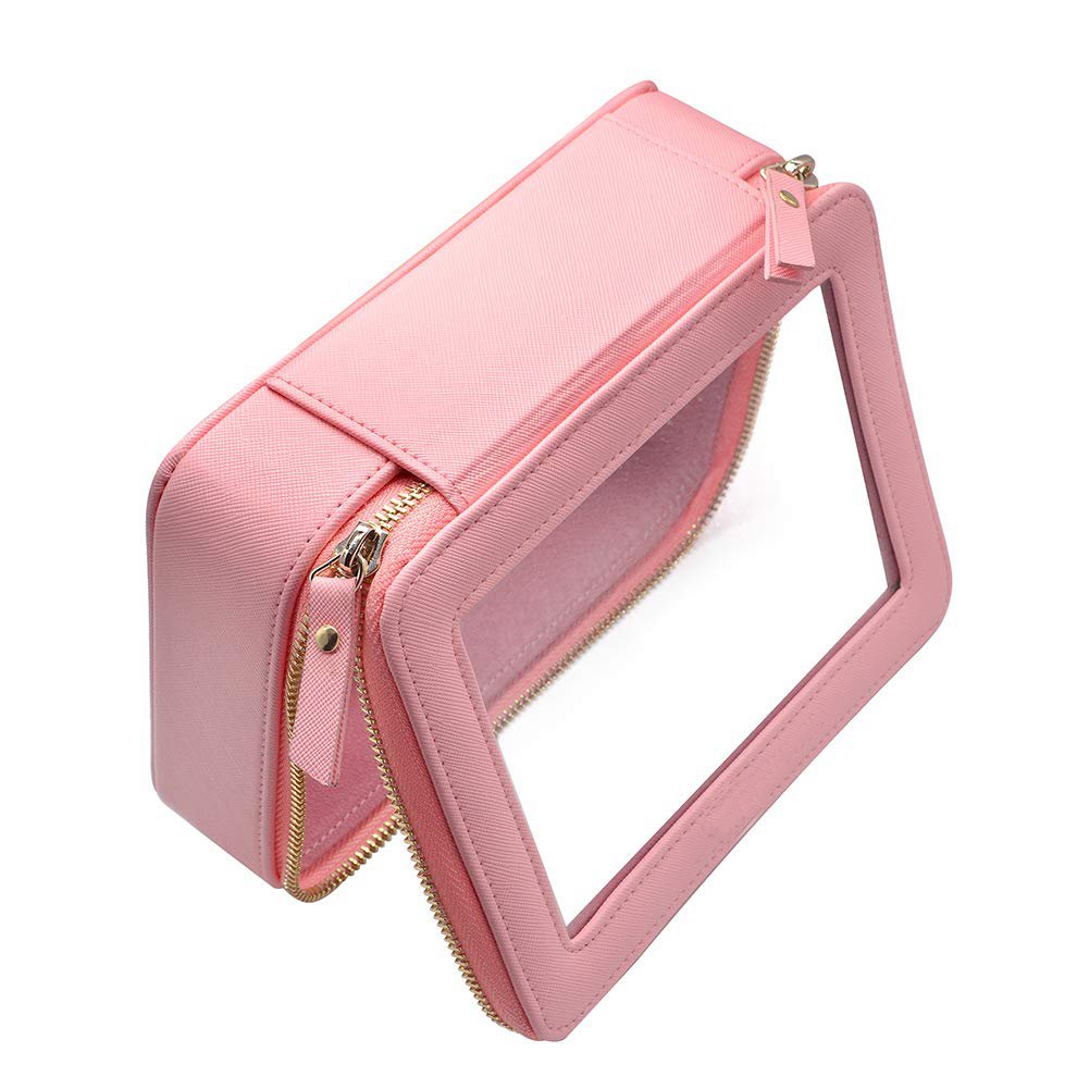 Leather Pink Beauty Toolbox Lady Portable Cosmetic Case Makeup Organizers Fashion Cosmetic Bag with Customizable Travel Zipper