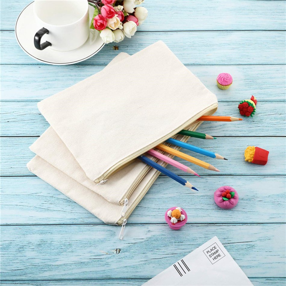 Wholesale Customized Logo DIY Plain Cosmetic Bags Cotton Canvas With Zipper for Girls Storage