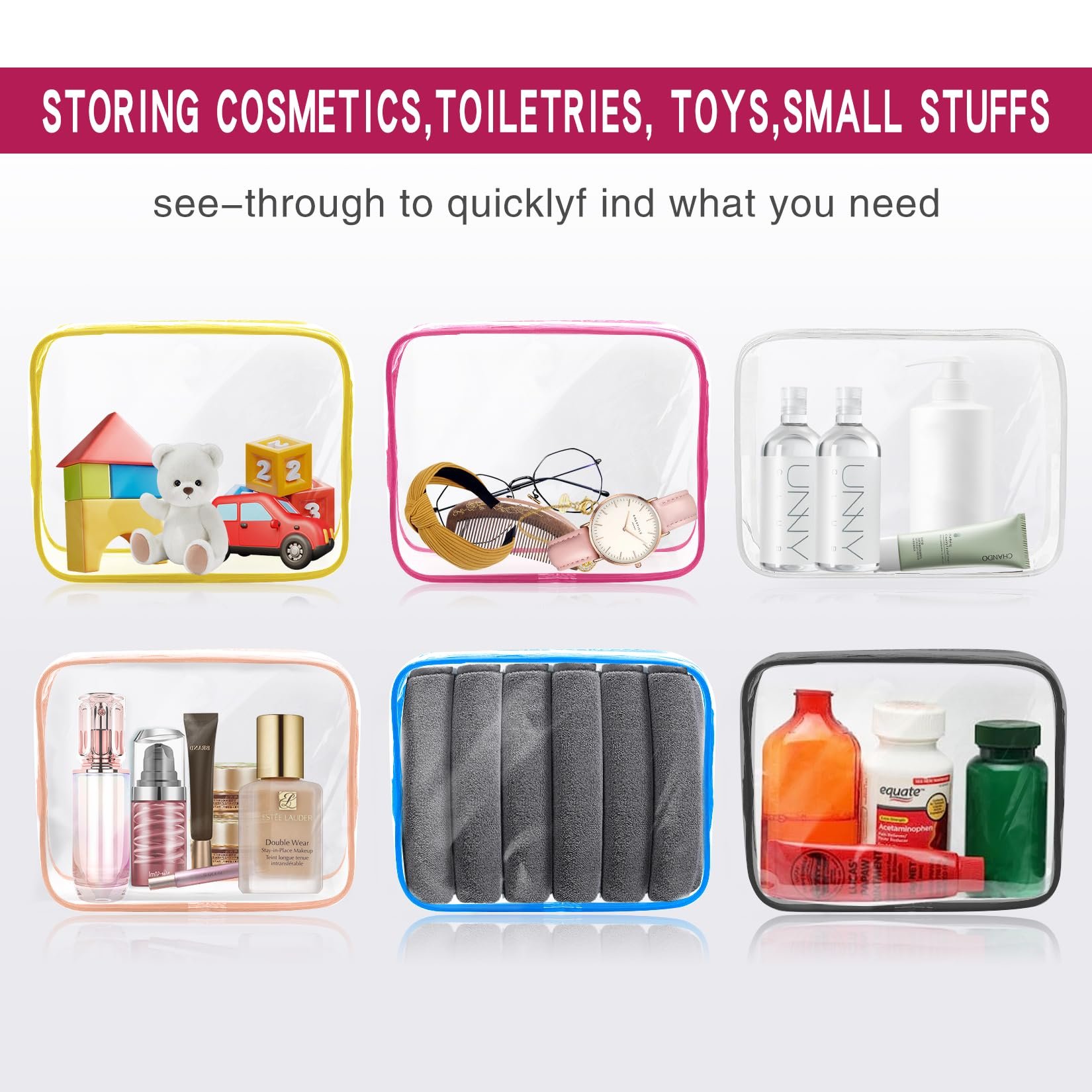 Clear Cosmetics Bag Zippered Clear Toiletries Carry Pouch Portable Cosmetic Makeup Bag Vinyl Plastic Organizer Case for Vacation