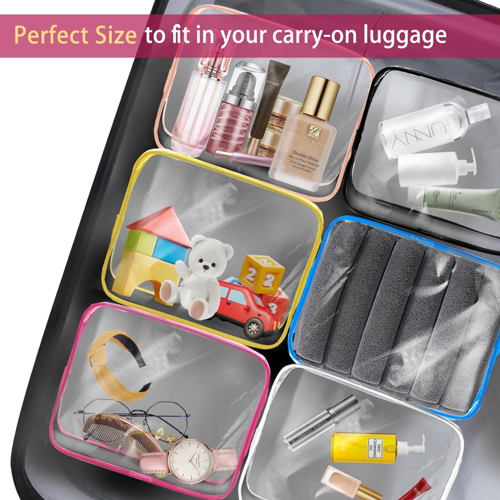 Clear Cosmetics Bag Zippered Clear Toiletries Carry Pouch Portable Cosmetic Makeup Bag Vinyl Plastic Organizer Case for Vacation