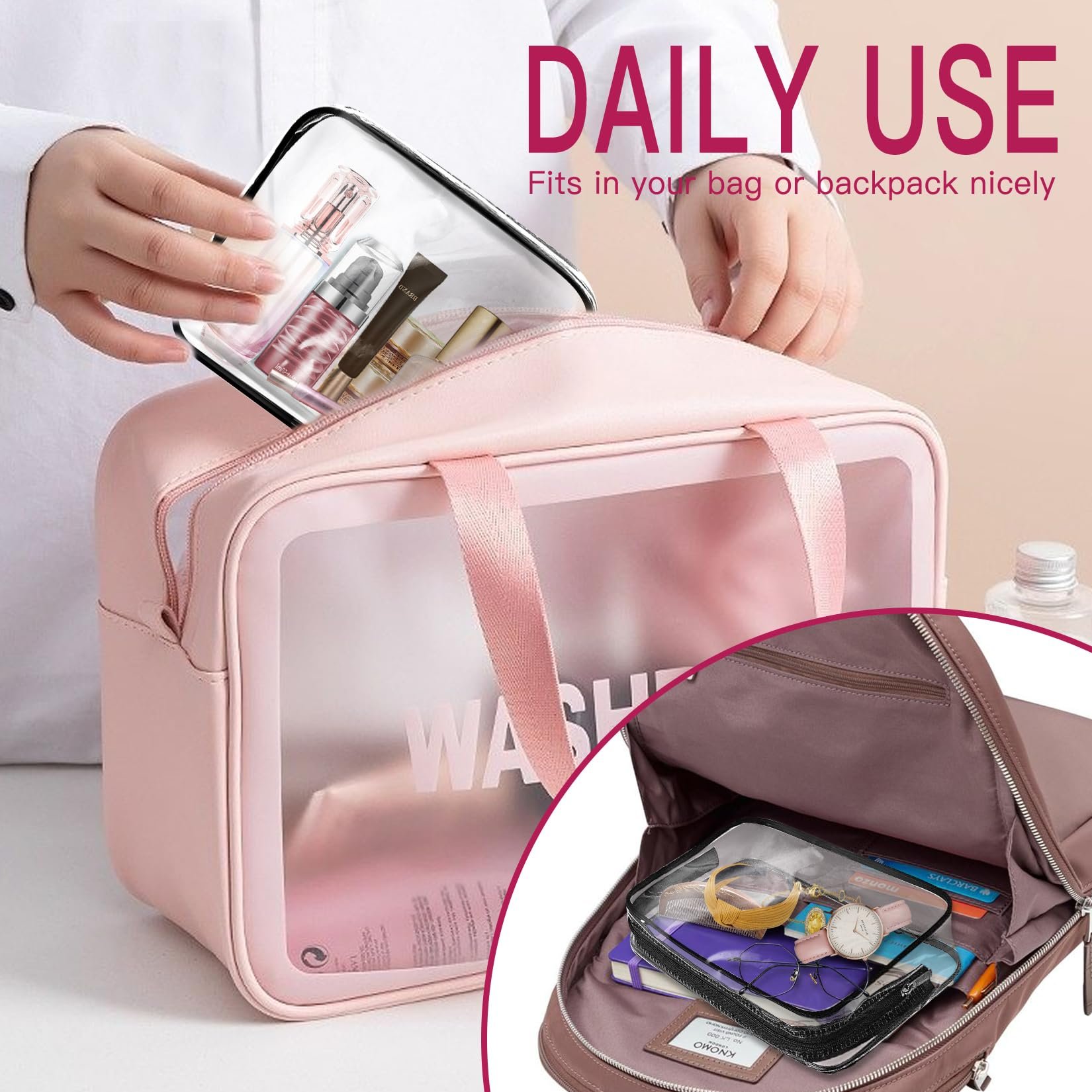 Clear Cosmetics Bag Zippered Clear Toiletries Carry Pouch Portable Cosmetic Makeup Bag Vinyl Plastic Organizer Case for Vacation