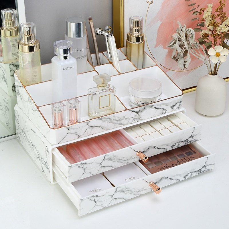 2 pieces set dresser stackable dustproof cosmetic lipstick storage box plastic marble rose gold makeup drawers storage organizer