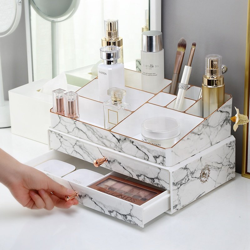 2 pieces set dresser stackable dustproof cosmetic lipstick storage box plastic marble rose gold makeup drawers storage organizer