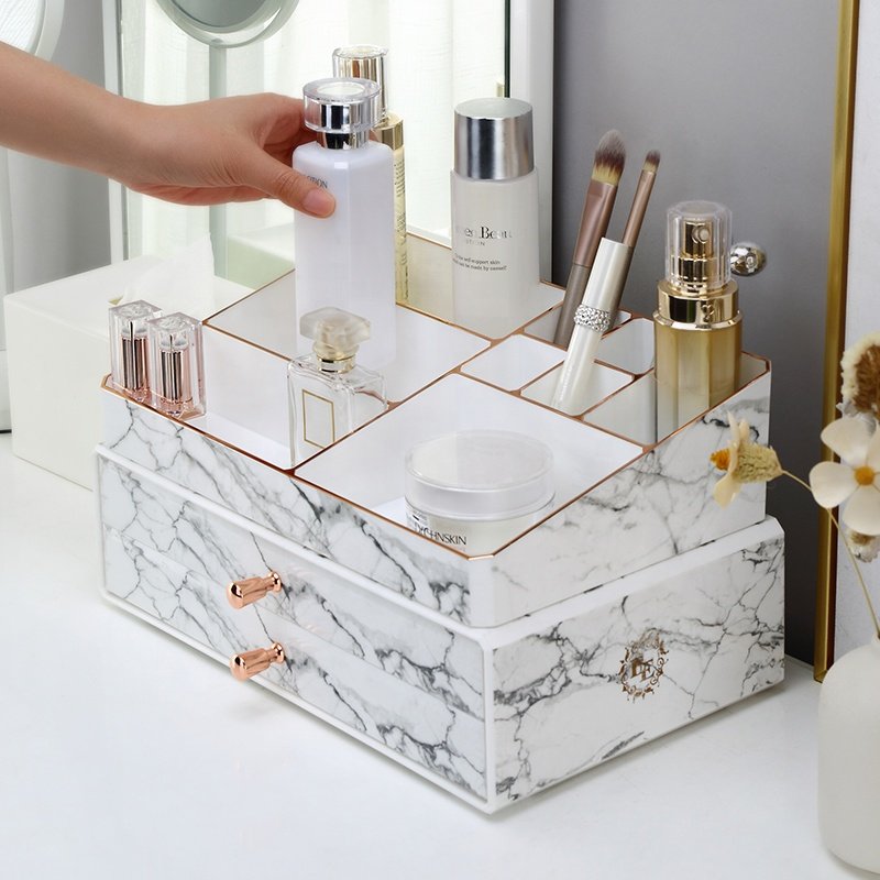 2 pieces set dresser stackable dustproof cosmetic lipstick storage box plastic marble rose gold makeup drawers storage organizer