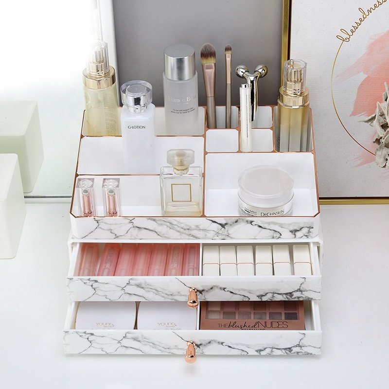 2 pieces set dresser stackable dustproof cosmetic lipstick storage box plastic marble rose gold makeup drawers storage organizer