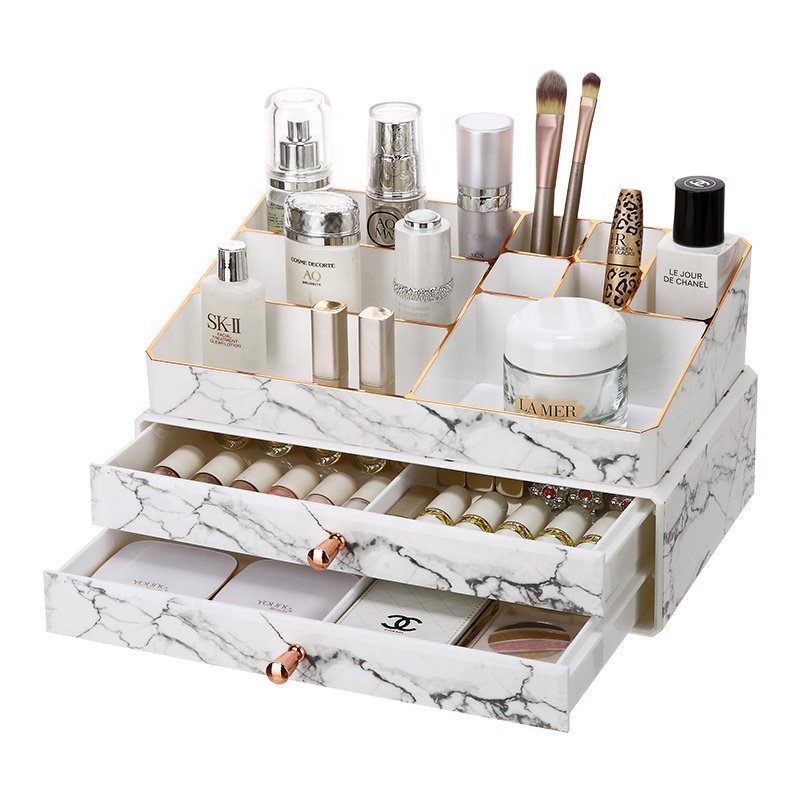 2 pieces set dresser stackable dustproof cosmetic lipstick storage box plastic marble rose gold makeup drawers storage organizer