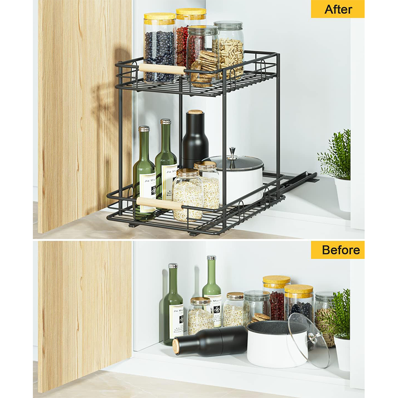 Promotional 2 Pc Under Cabinet Sink Organizers Rack And Storage 2 Tires Sliding Kitchen Cabinet Organizer Pull Out
