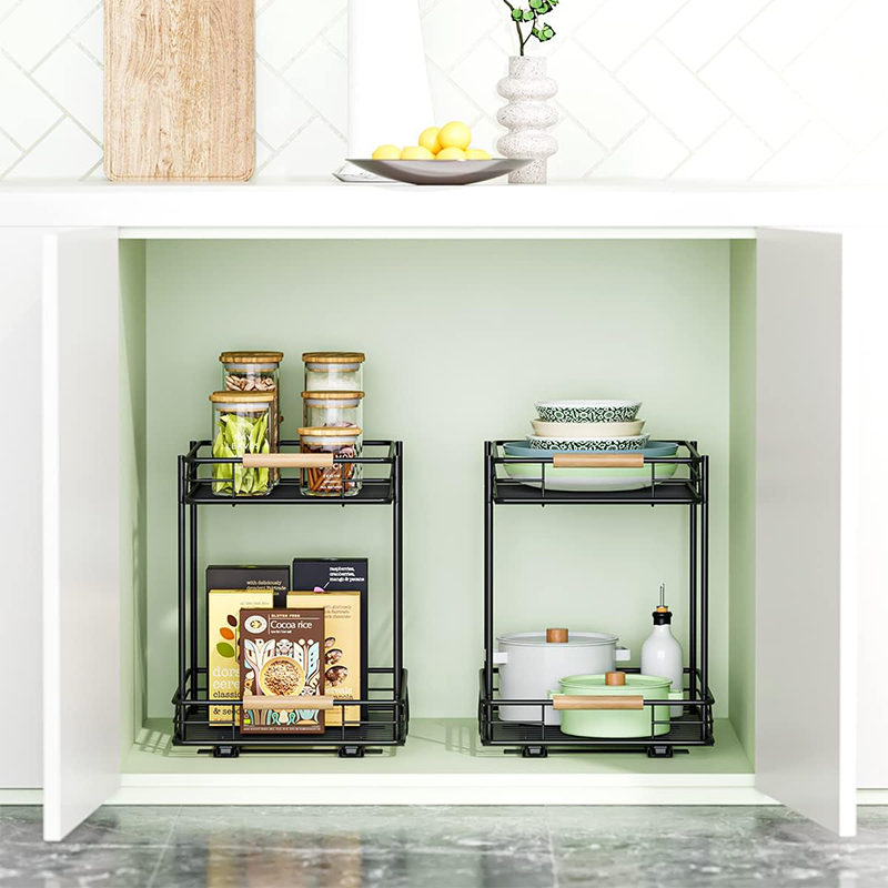 Promotional 2 Pc Under Cabinet Sink Organizers Rack And Storage 2 Tires Sliding Kitchen Cabinet Organizer Pull Out