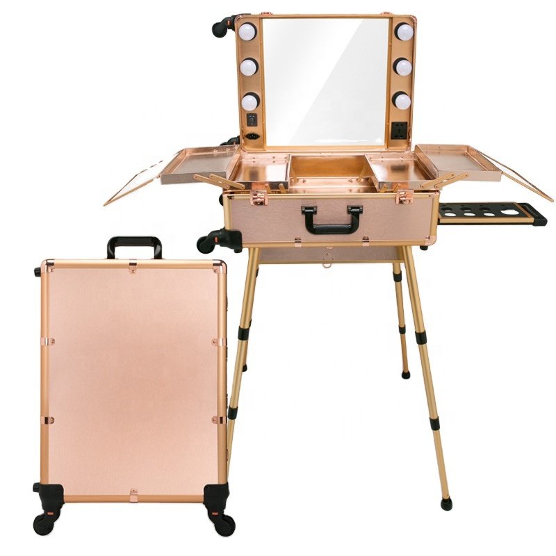 Rolling Makeup Trolley Case with LED lights and Mirror Professional for Makeup Artists