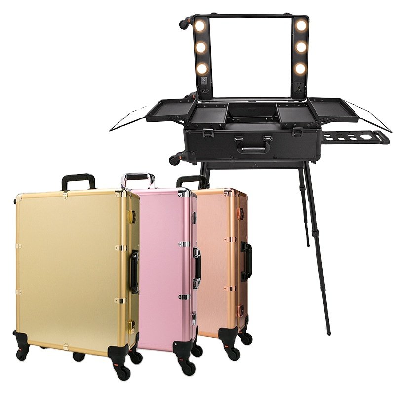 Rolling Makeup Trolley Case with LED lights and Mirror Professional for Makeup Artists