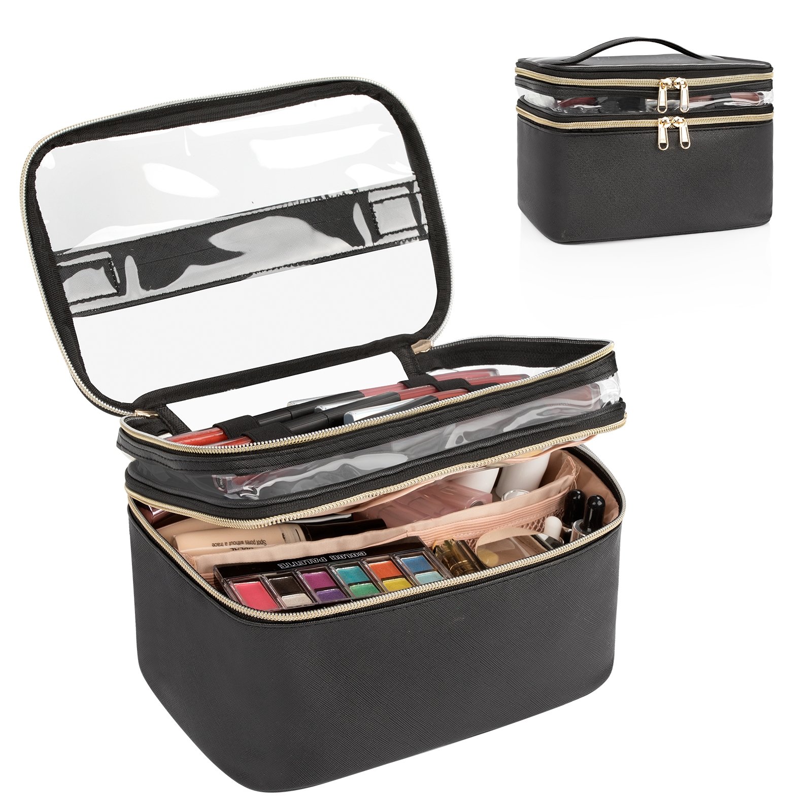Double layer Makeup Organizer Toiletry Bags Large Make Up Bag For Women with Adjustable Dividers Cosmetic Cases