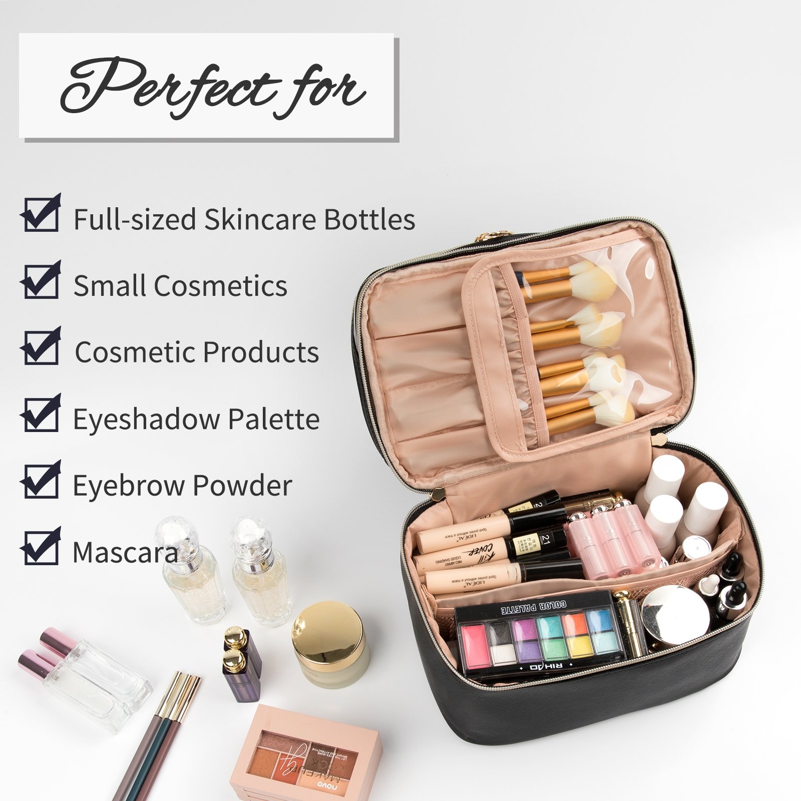Double layer Makeup Organizer Toiletry Bags Large Make Up Bag For Women with Adjustable Dividers Cosmetic Cases
