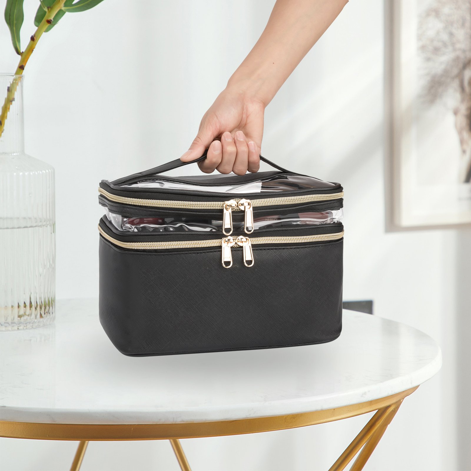 Double layer Makeup Organizer Toiletry Bags Large Make Up Bag For Women with Adjustable Dividers Cosmetic Cases