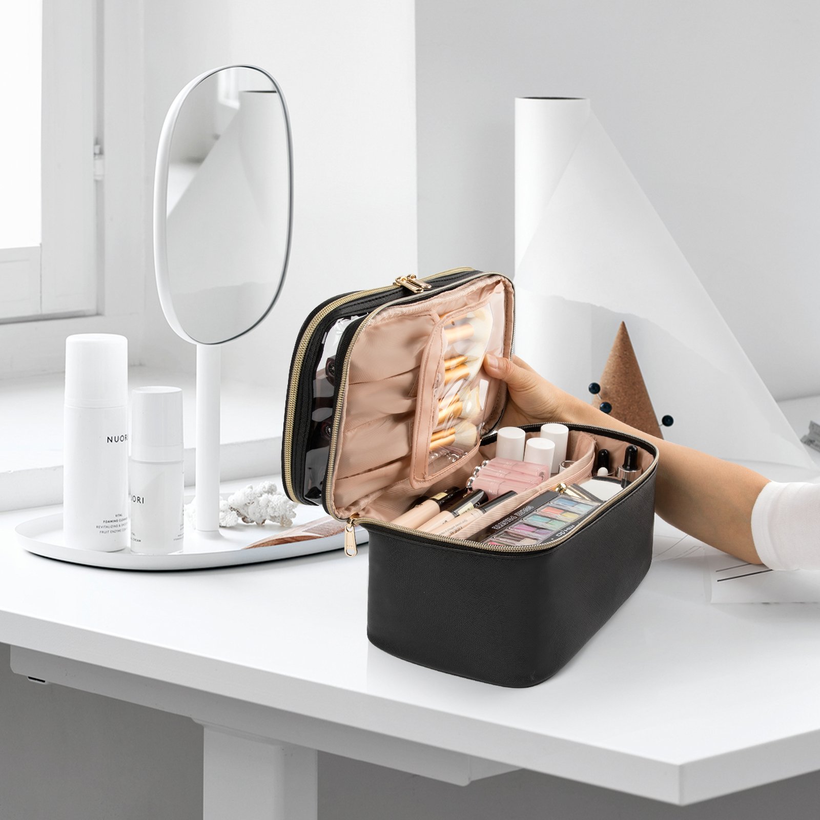 Double layer Makeup Organizer Toiletry Bags Large Make Up Bag For Women with Adjustable Dividers Cosmetic Cases