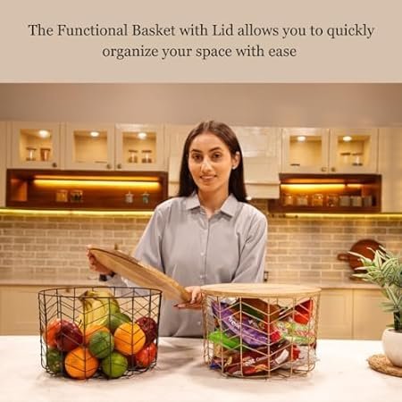 Metal Wire Basket with Lid Storage Basket Gold Plated Metal & Wood Round Basket for Fruit & Vegetable Multipurpose