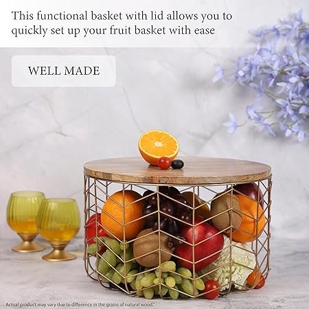 Metal Wire Basket with Lid Storage Basket Gold Plated Metal & Wood Round Basket for Fruit & Vegetable Multipurpose
