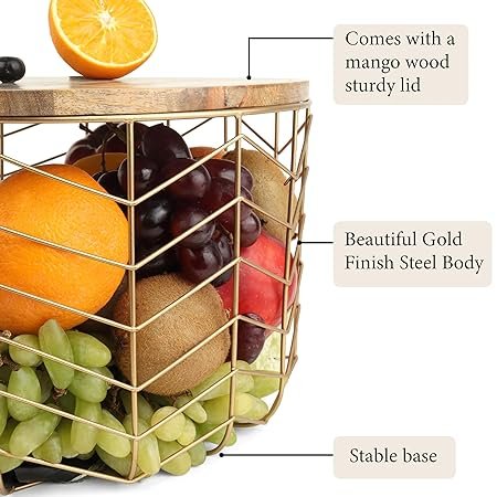 Metal Wire Basket with Lid Storage Basket Gold Plated Metal & Wood Round Basket for Fruit & Vegetable Multipurpose
