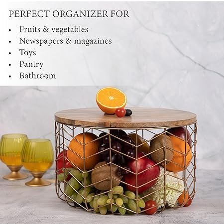 Metal Wire Basket with Lid Storage Basket Gold Plated Metal & Wood Round Basket for Fruit & Vegetable Multipurpose