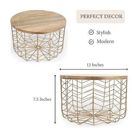 Metal Wire Basket with Lid Storage Basket Gold Plated Metal & Wood Round Basket for Fruit & Vegetable Multipurpose