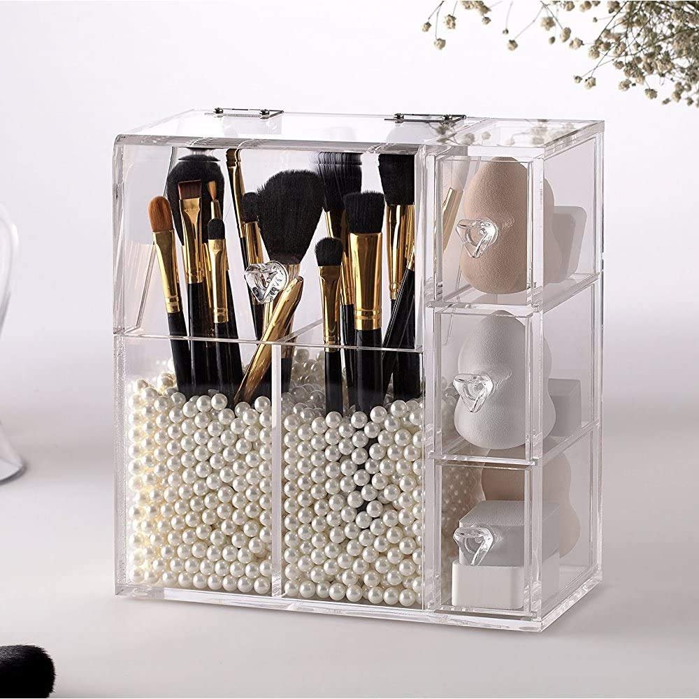Clear Cosmetic Case with 2 Makeup Brush Holder Acrylic Makeup Organizer