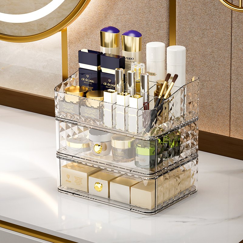Stackable Diamond pattern Vanity Makeup Organizer with Drawer Tray for Lipstick Eyeshadow Skincare Display Case