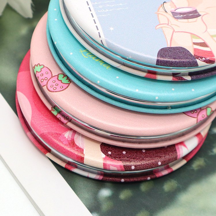 Custom Cartoon Round Makeup Mirror Folding Double-sided Pu Flip Student Small Pocket Mirror For Personalized Gift