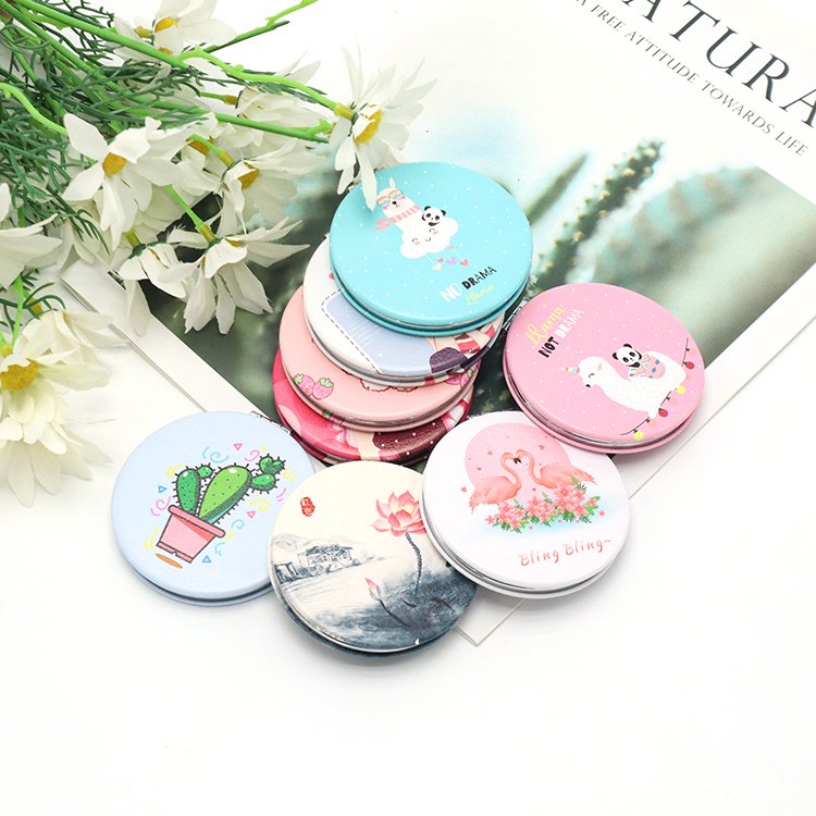 Custom Cartoon Round Makeup Mirror Folding Double-sided Pu Flip Student Small Pocket Mirror For Personalized Gift