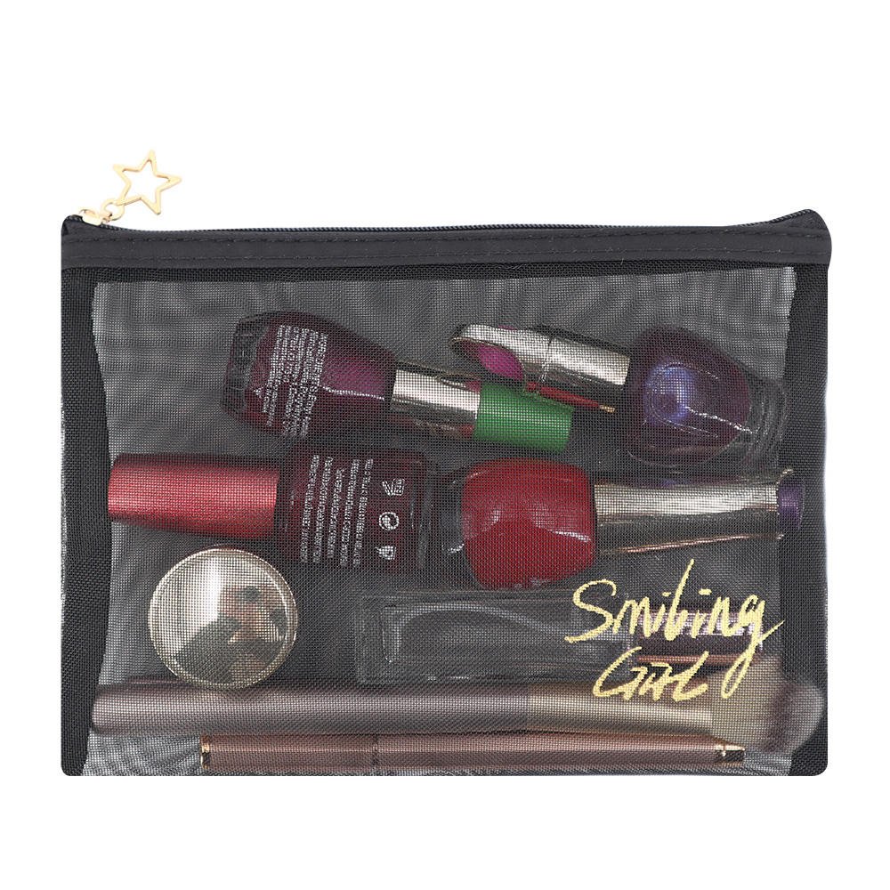 Promotional Logo Printed Custom Black Nylon Mesh Cosmetic Toiletry Zipper Pouch Pencil Stationary Organizer Pouch Bag