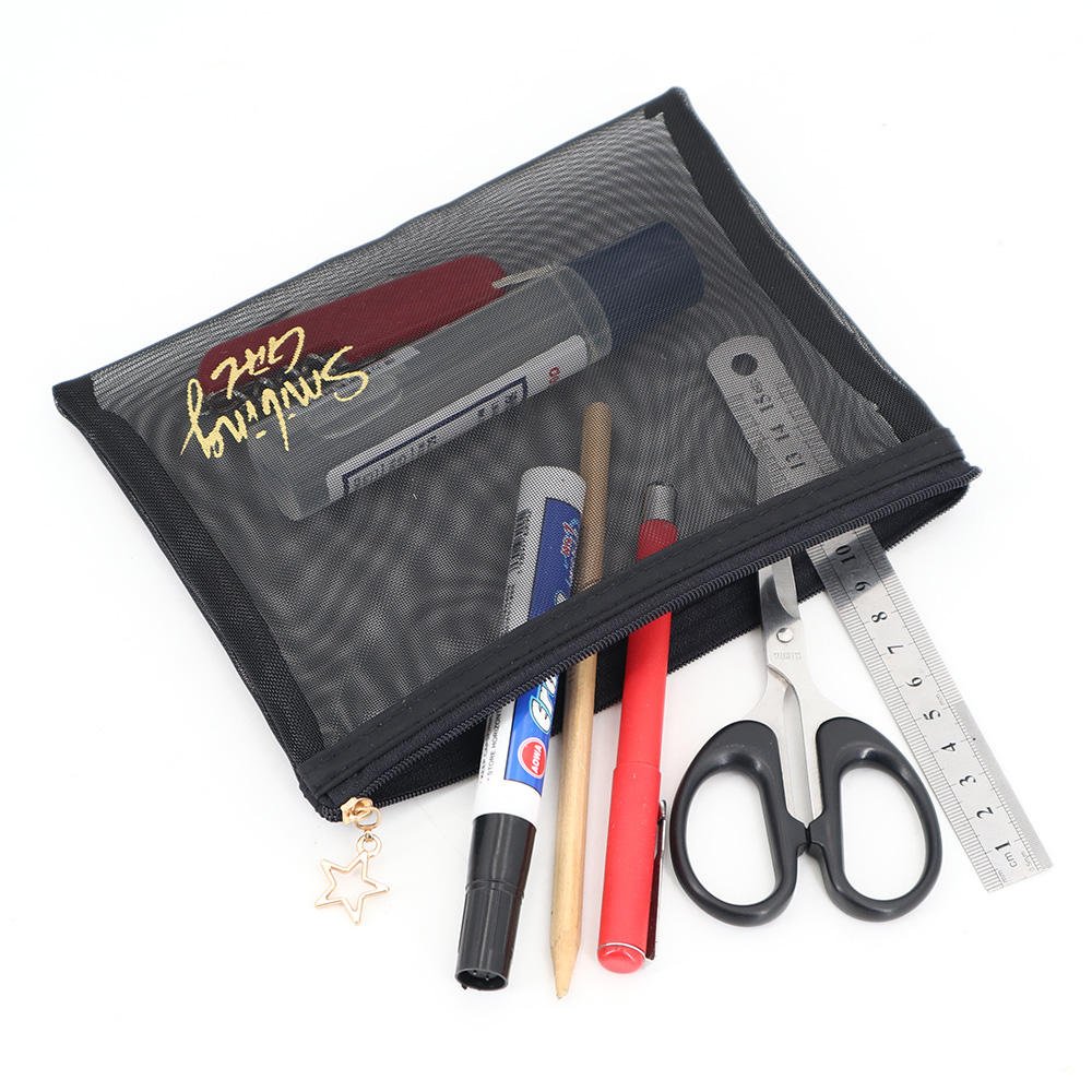 Promotional Logo Printed Custom Black Nylon Mesh Cosmetic Toiletry Zipper Pouch Pencil Stationary Organizer Pouch Bag