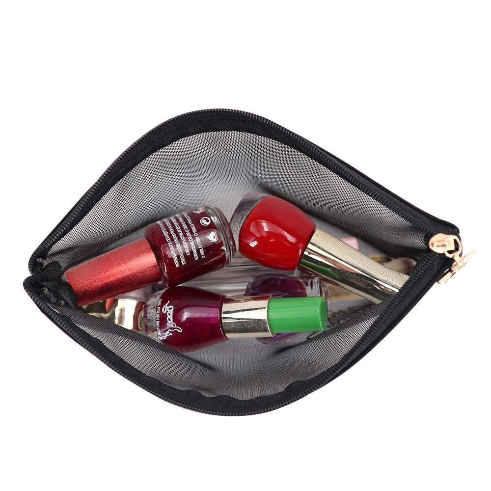 Promotional Logo Printed Custom Black Nylon Mesh Cosmetic Toiletry Zipper Pouch Pencil Stationary Organizer Pouch Bag