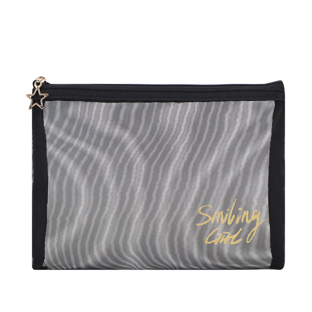 Promotional Logo Printed Custom Black Nylon Mesh Cosmetic Toiletry Zipper Pouch Pencil Stationary Organizer Pouch Bag