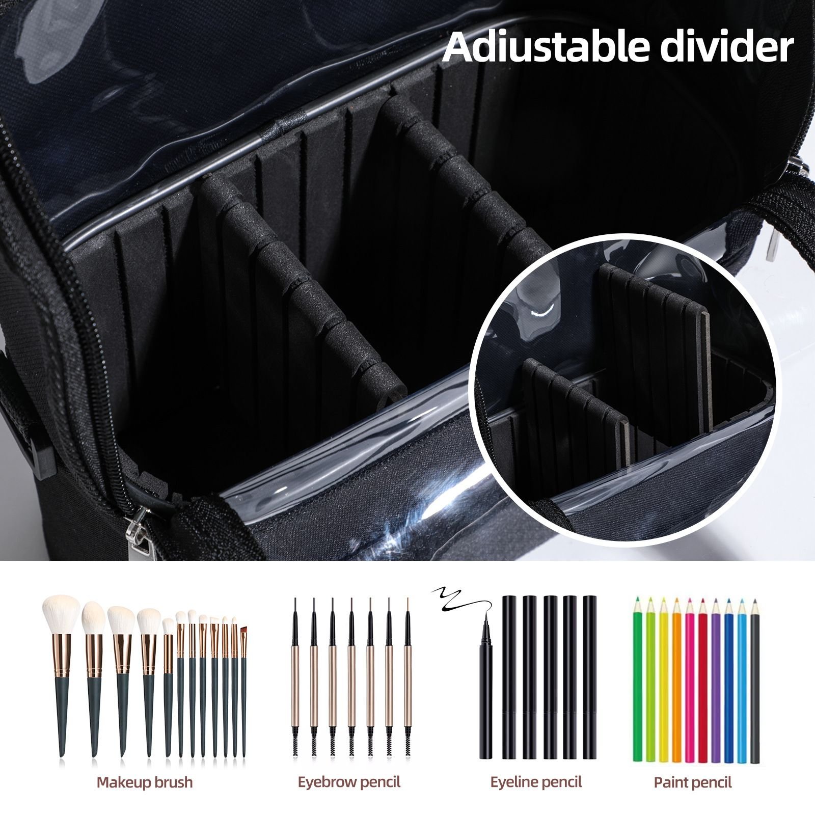 Custom Black Multifunction Pockets Women Cosmetic Travel Makeup Bag Brush Holder Transparent Makeup Bag Custom Makeup Brush Bag