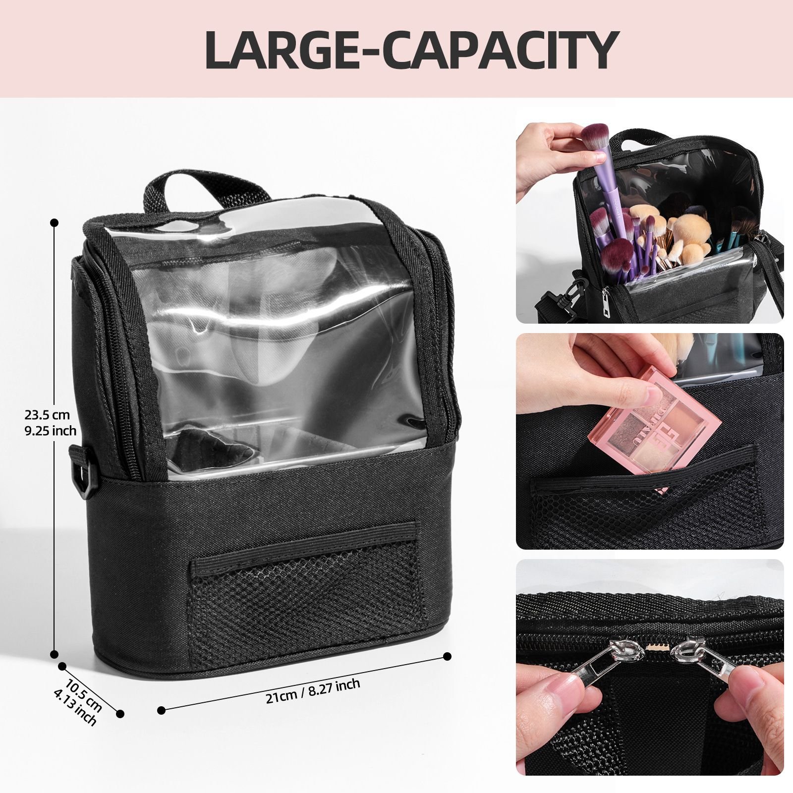 Custom Black Multifunction Pockets Women Cosmetic Travel Makeup Bag Brush Holder Transparent Makeup Bag Custom Makeup Brush Bag